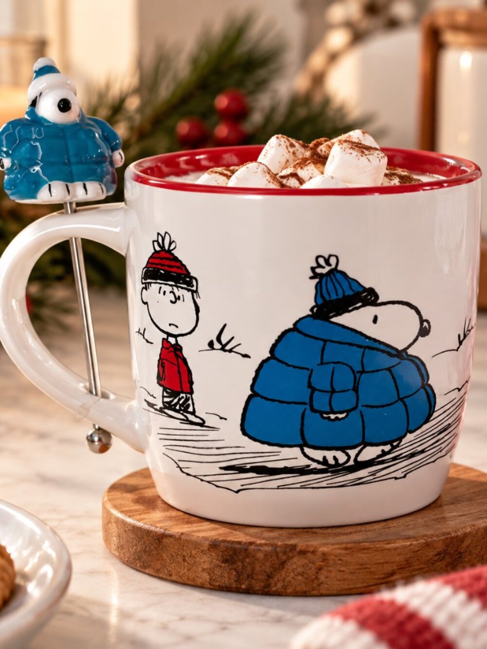 Zrike Peanuts Snoopy Puffer Jacket Mug w/ Stirrer Charlie Brown NEW